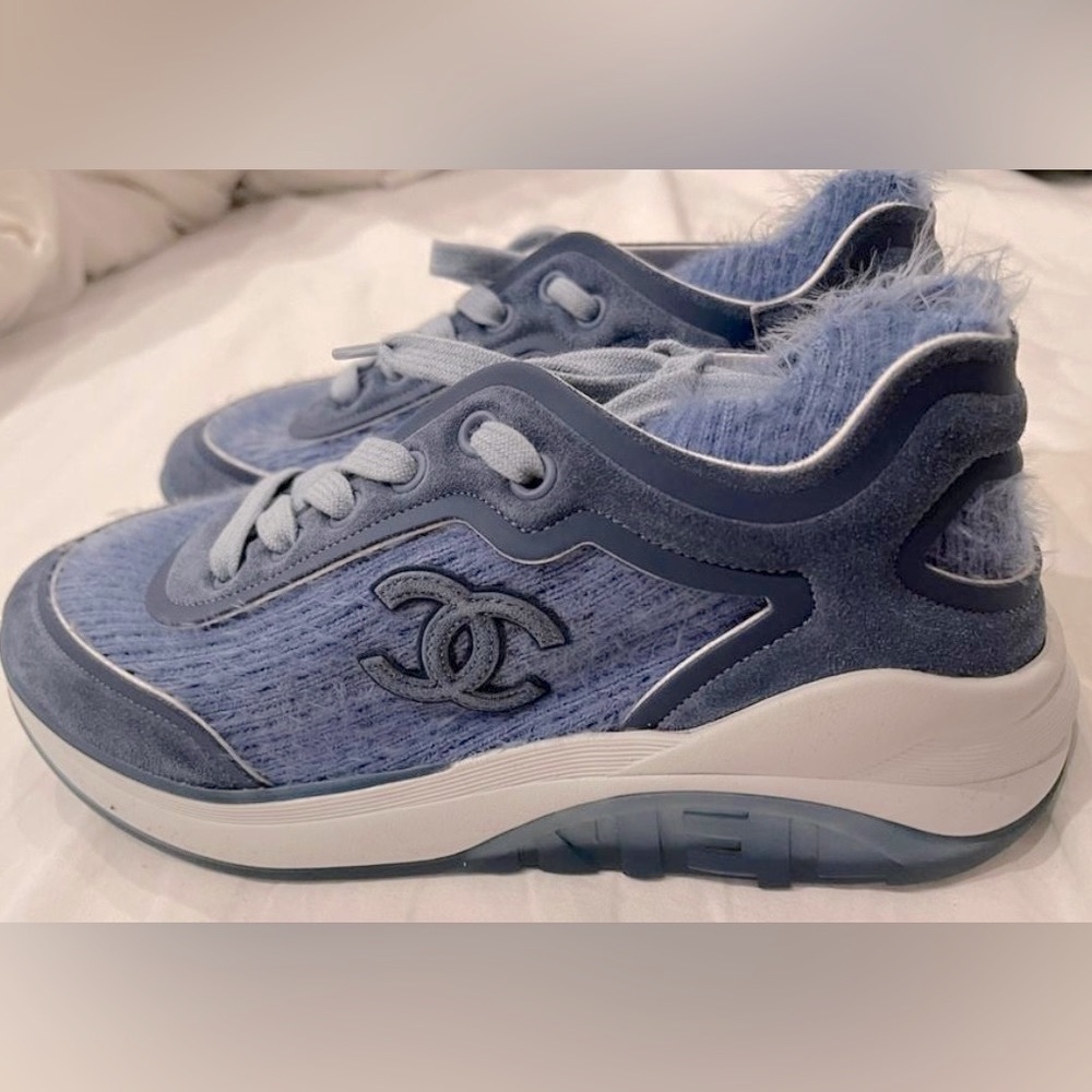 Sale ✔️Chanel blue suede calfskin stretch fabric CC sneakers